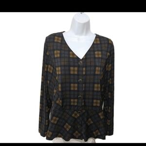 Susan Graver Liquid Knit Plaid Button Top Blouse L Old Money Classic Corpcore